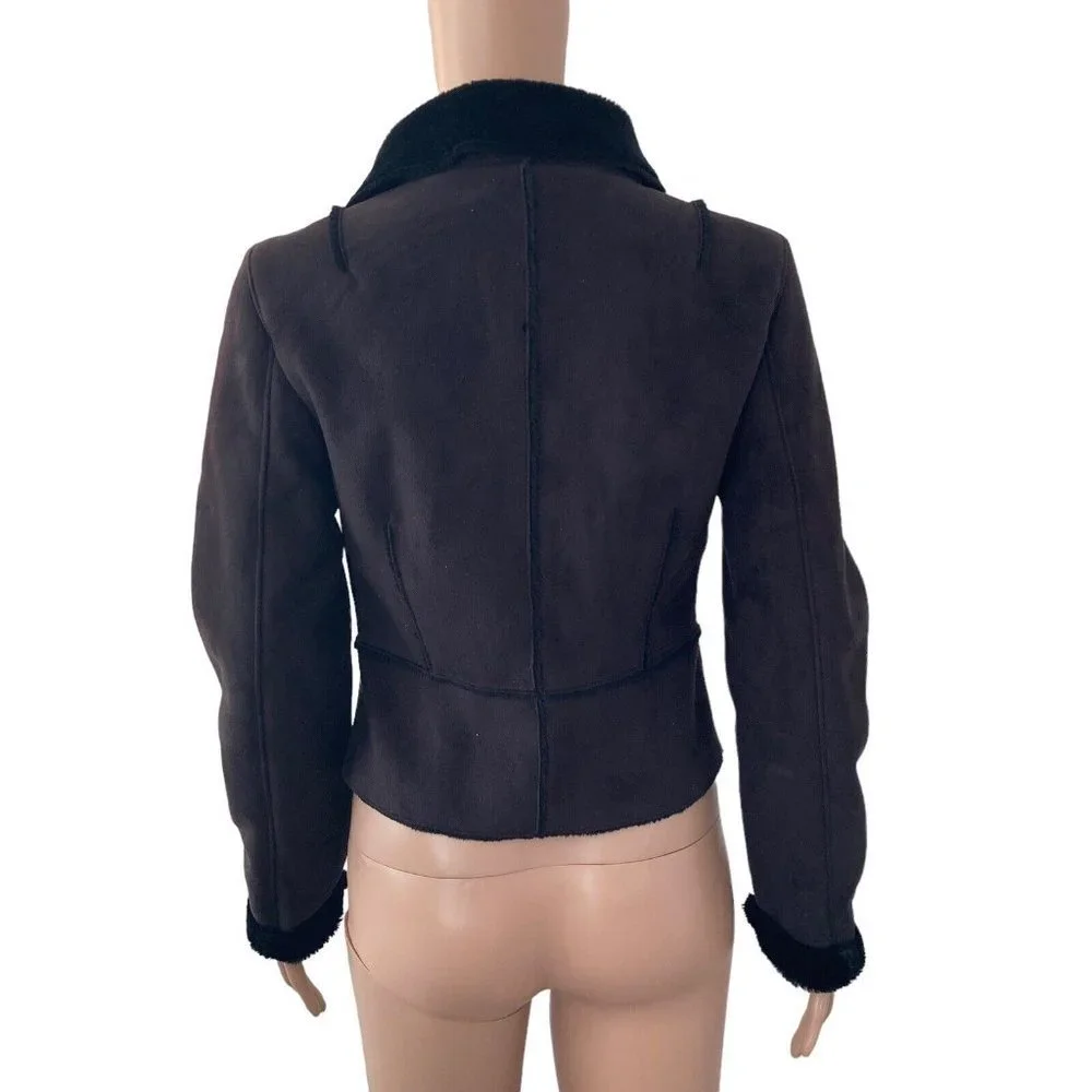 Bebe Jacket Womens XS Faux Suede Black button Front Faux Fur Lined